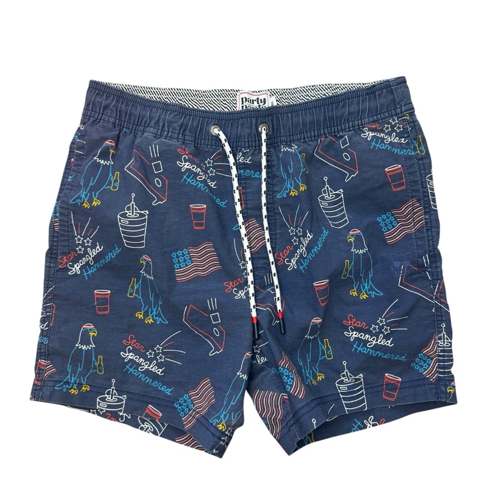 Party Pants Men's Star Spangled Hammered‎ swim trunks in navy blue sz sm